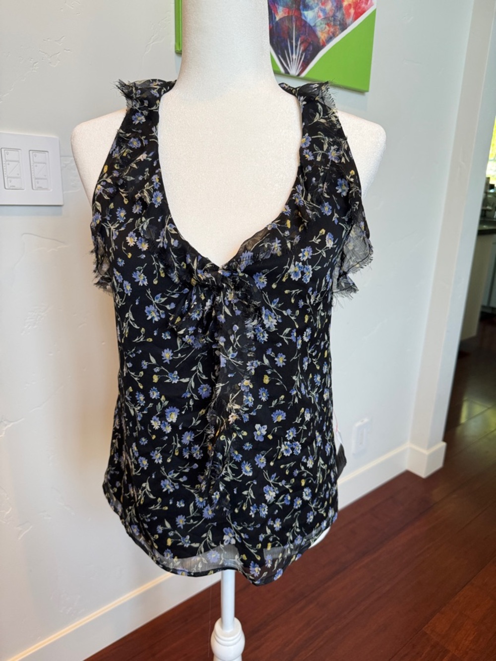 Topshop Black Floral Ruffle Tie-Front Camisole